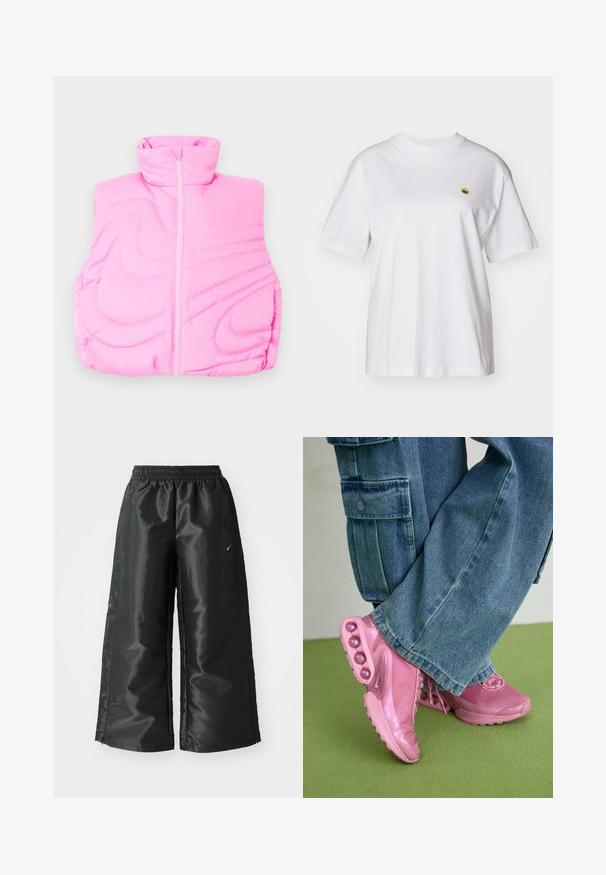 Rozā pūkaina veste ar augstu apkakli, ar centrālo rāvējslēdzēju un izšūtu rakstu. Gluda tekstūra ar mīkstu, vieglu izskatu.; Balta kokvilnas T-kreklā ar brīvu piegriezumu, īsām piedurknēm un mazu izšūtu logotipu kreisajā krūtīs.; Melnas sporta bikses ar spīdīgu, gludu audumu, aprīkotas ar elastīgu jostu, platām kājām un mazu logotipu kreisajā pusē.; Rozā sporta apavi ar sietveida augšdaļu un spīdīgiem akcentiem, ar apaļām amortizācijas podiņām uz zoles. Valkāti kopā ar platām džinsu biksēm.