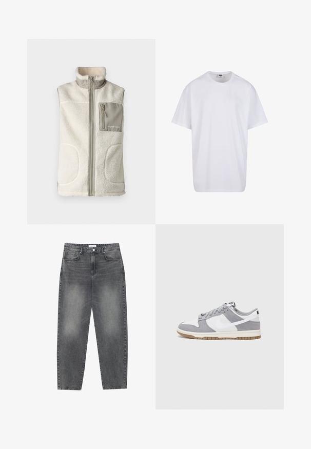 Off-white színű gyapjú mellény magas gallérral, elülső cipzárral és szürke mellzsebbel, amely cipzáras záródással és logóval rendelkezik. Texturált, meleg anyag.; Fehér pamut póló rövid ujjal, kerek nyakú, laza szabású, és nincsenek látható logók vagy minták. Simább textúra és minimalista dizájn.; Magasan szabott, bővebb szabású farmernadrág fakó fekete denim anyagban. Öt zsebbel, övhurkokkal és tiszta, egyenes lábszár dizájnnal rendelkezik.; Szürke és fehér sportcipő, velúr és bőr felsőrésszel, kerek orral, lapos fűzőkkel és gumitalppal, amelyen rágógumi színű díszítés található.