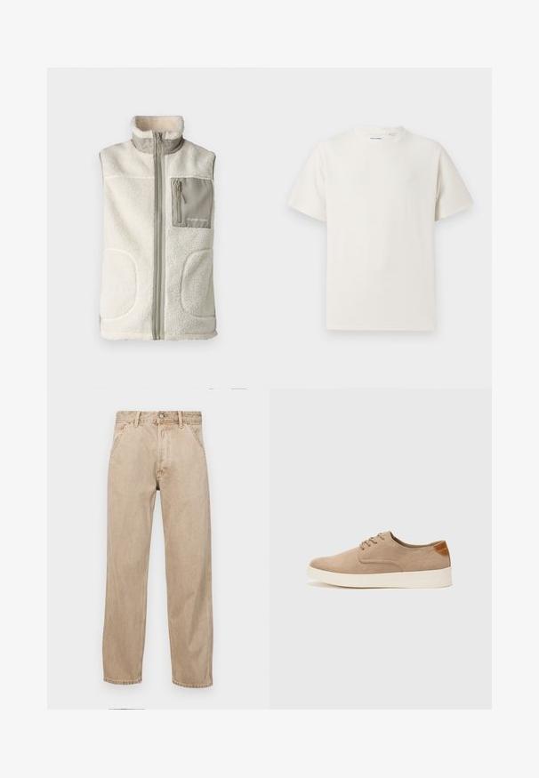Fleece vest in off-white with high collar, front zipper, and a gray chest pocket featuring a zip closure and logo. Textured, warm material.; White short-sleeve T-shirt in a ribbed texture. Round neckline, relaxed fit, no visible patterns or accents. Simple and versatile design.; Beige denim jeans with a straight leg design, featuring front pockets, a metal button closure, and subtle texture.; Beige suede sneakers with a rounded toe, lace-up front, and a textured back accent. White rubber sole provides contrast. Simple and modern design.