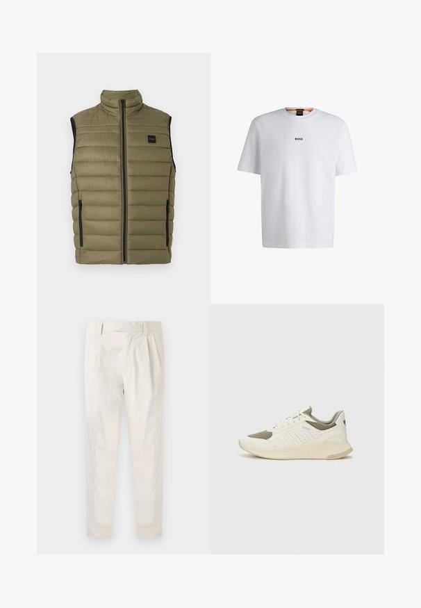 Gilet puffo verde oliva con collare alto, zip frontale e pannelli laterali neri. Presenta cuciture orizzontali e un'etichetta con logo.; T-shirt bianco in cotone con maniche corte, caratterizzato da un logo nero "BOSS" centrato sul petto e un design con scollo rotondo.; Pantaloni bianchi plissettati con taglio su misura, caratterizzati da una texture liscia, passanti per la cintura e gambe affusolate. Nessuna tasca o motivo visibile.; Sneaker atletica bianca e beige chiaro, con tomaia in mesh, dettagli perforati e una suola intermedia texturizzata con marchio sul tallone.
