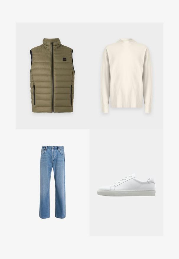 Gilet puffo verde oliva con collare alto, zip frontale e pannelli laterali neri. Presenta cuciture orizzontali e un'etichetta con logo.; Maglietta a maniche lunghe con colletto alto in cotone color crema chiaro. Texture liscia, vestibilità comoda, design minimalista, senza motivi o dettagli visibili.; Jeans in denim blu chiaro con design a gamba dritta, cinque tasche, chiusura con bottone, leggero sbiadimento e dettagli di cucitura a contrasto.; Sneaker bianco con tomaia in pelle liscia e profilo basso. Presenta una punta arrotondata, sei occhielli e una suola in gomma testurizzata.