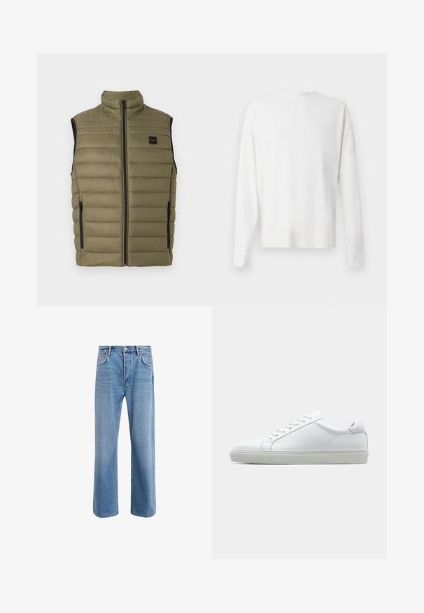 Olivew Зеленая kurtka puchowa z wysokim kołnierzem, przednim zamkiem i czarnymi bocznymi panelami. Posiada poziome szwy i naszywkę z logo.; Biała, bawełniana koszula z długim rękawem, okrągłym dekoltem, bocznymi rozcięciami na dole oraz gładką fakturą, wyeksponowana z tyłu.; Jasnoniebieskie dżinsy o prostym kroju, pięć kieszeni, zapięcie na guzik, minimalne blaknięcia i kontrastowe wykończenia szwów.; Białe sneakersy z gładką skórzaną cholewką i niskim profilem. Posiadają okrągły nos, sześć dziurek na sznurówki oraz teksturowaną gumową podeszwę.
