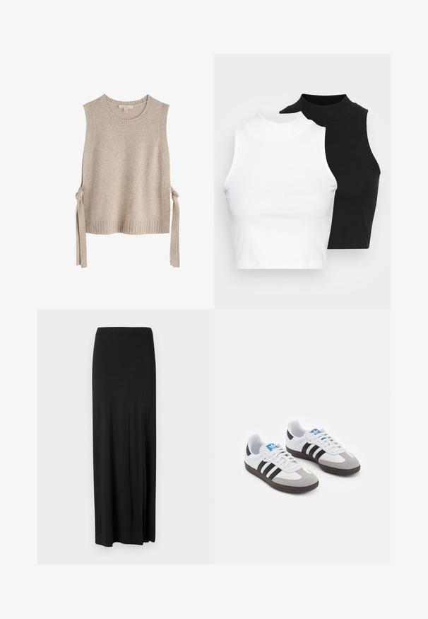 Beżowy dzianinowy top bez rękawów z okrągłym dekoltem, żebrowanym wykończeniem i sznurkami po obu stronach. Miękka tekstura i minimalistyka w designie.; Dwa bezrękawnikowe golfy w kolorze czarnym i białym, charakteryzujące się dopasowanym fasonem i gładką teksturą, o skróconej długości.; Czarna maxi spódnica wykonana z miękkiego, elastycznego materiału. Posiada boczne rozcięcie i prosty, nowoczesny krój bez ozdób.; Buty sportowe z białą skórzaną cholewką, szarym zamszowym noskiem i trzema czarnymi paskami. Posiadają niebieskie logo na języku oraz teksturowaną gumową podeszwę.