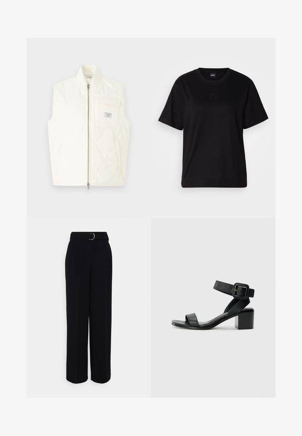 Quiltet hvit vest med høy krage, glidelås foran og lommepakke. Glatt tekstur med rundede sømmer.; Svart bomull T-skjorte med rund hals, korte ermer og et brodert logo på brystet. Enkel, avslappet passform uten mønstre.; Sorte skræddersydde bukser med bred ben silhuett, med et belte med sølvspenne, legg og en glatt tekstur.; Svart lær hæl sandal med justerbar ankelstropp, åpen tå design og firkantet blokk hæl. Glatt tekstur, minimalistisk stil.