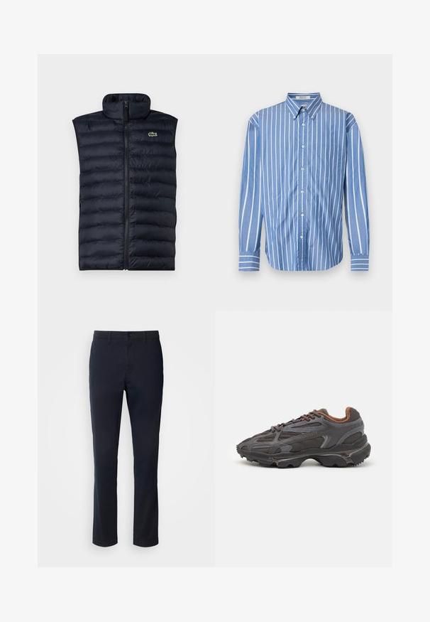 Marineblaue Steppweste mit hohem Kragen, Frontreißverschluss und horizontalem Steppmuster. Verfügt über ein kleines grünes Logo auf der oberen linken Seite.; Ein blau gestreiftes Langarmhemd mit vertikalen weißen Streifen, Button-Down-Kragen und einer einzelnen Brusttasche. Aus weichem Baumwollmaterial.; Marineblaue Hosen aus glattem Material mit geradem Bein, Gürtelschlaufen und einer Knopfverschluss mit Reißverschluss.; Lacoste Sneaker in Dunkelgrau aus Mesh und Synthetikmaterial, mit einer strukturierten Sohle und braunen Akzenten am Kragen und Logo.
