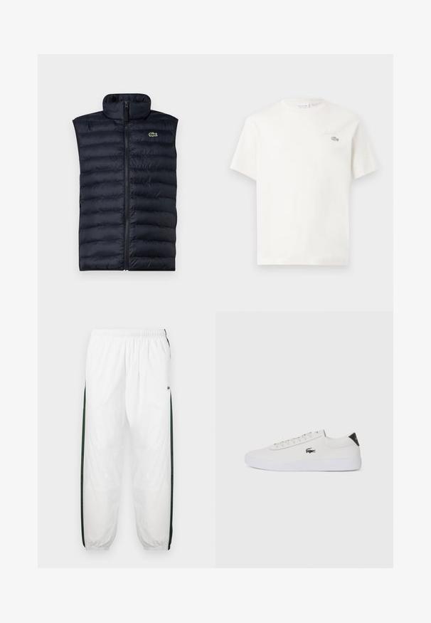 Granatowa kamizelka puchowa z wysokim kołnierzem, zamek błyskawiczny z przodu i poziomym pikowaniem. Posiada małe zielone logo na górnej lewej stronie.; Biała bawełniana koszulka z krótkim rękawem, z subtelnym haftowanym logo i minimalistycznym wzornictwem. Miękka tekstura, okrągły dekolt.; Białe spodnie dresowe z ciemnozielonymi bocznymi panelami. Lekkie materiały, elastyczny pas i ściągacze u dołu. Zawierają siateczkową teksturę na bokach.; Białe skórzane sneakersy z okrągłym noskiem, sznurowanym przodem i czarnym akcentem na pięcie. Posiadają małe wyszywane logo krokodyla po boku.