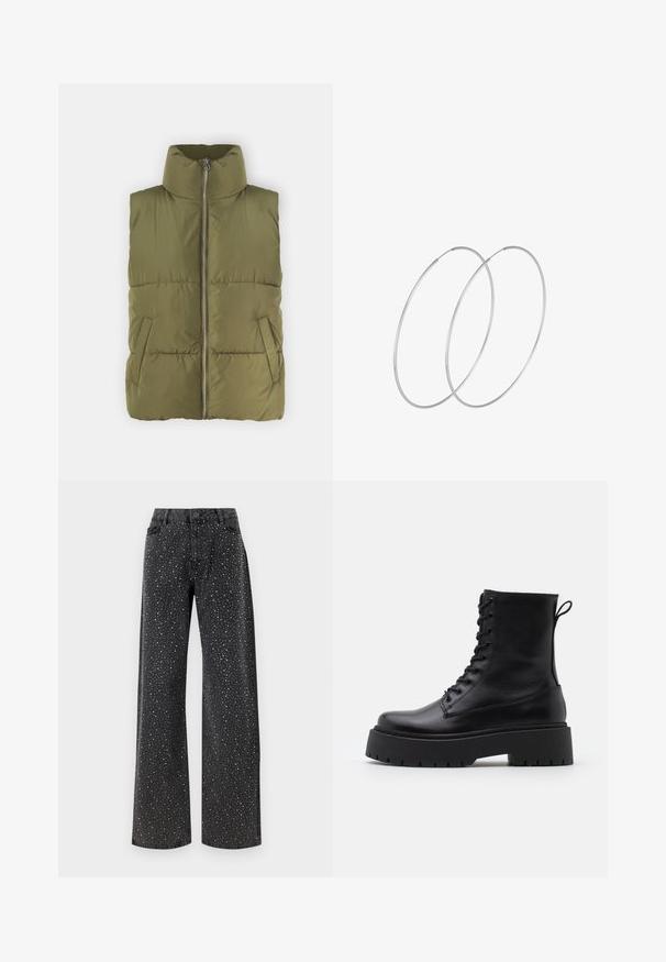 Olivno zeleni napihani brezrokavnik z visokim ovratnikom, sprednjim zadrgo in stranskimi žepi. Ima prešito teksturo in oblazinjen dizajn za izolacijo.; VILA VIPEARL O NECK - Pulover - black; Noisy May NMJANNEL LOOSE - Široke kavbojke - black denim; Črne usnjene gležnjarje z okroglo konico, vezalnim sprednjim delom in debelim gumijastim podplatom z teksturiranim profilom. Zanka na hrbtni strani.; Srebrne uhane v obliki obroča z minimalističnim dizajnom. Krožna oblika, gladka tekstura in tanek profil. Lahki s poliranim zaključkom.