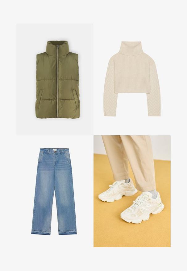Colete puffer verde-oliva com gola alta, fecho frontal e bolsos laterais. Apresenta textura acolchoada e um design almofadado para isolamento.; Sweater cortado de cor creme com gola alta, corpo de ponto texturizado e mangas com padrão espinha de peixe. Feito de material de lã macia.; Jeans de cintura alta, largura larga, em azul claro, com fecho de botão, bolsos frontais, passantes para cinto e detalhes de desbotamento sutis.; Sapata desportiva branca com um topo texturizado que apresenta padrões subtis, forma arredondada e sola acolchoada, combinada com calças bege.