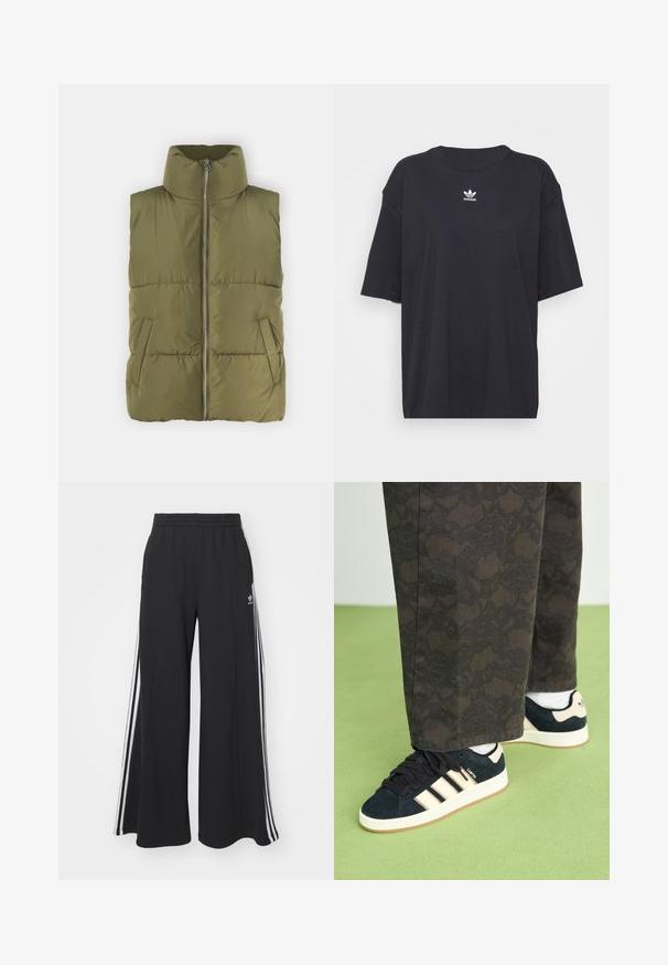 Olivově zelená péřová vesta s vysokým límcem, předním zipem a bočními kapsami. Má prošívanou texturu a polstrovaný design pro izolaci.; Černé bavlněné tričko s krátkými rukávy a kulatým výstřihem, na hrudi má bílé logo Adidas. Jednoduchý design, uvolněný střih.; Černé pohodlné tepláky širokého střihu s elastickým pasem, na boční straně s bílými pruhy a vyšitým logem na levé stehně.; Černé a vzorované kalhoty spárované s tmavě modrými semišovými teniskami s krémovými pruhy a bílými podrážkami. Povrchy jsou zobrazeny jako texturované a rovné.