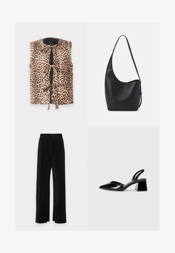 Bluzica bez rukava s leopard uzorkom, s vezanjem, izrađena od mekog materijala, okruglog izreza i kontrastnim crnim detaljima sprijeda.; Crna majica kratkih rukava s okruglim izrezom, izrađena od mekane pamučne tkanine. Jednostavan dizajn, bez vidljivih logotipa ili uzoraka.; Crne plisirane hlače s elastičnim pojasom. Imaju široke nogavice i glatku, teksturiranu tkaninu s vertikalnim prugama.; Crne lakirane kožne sandale s otvorenom petom i špicastim vrhom, s geometrijskom blok petom. Imaju elegantan, minimalistički dizajn i glatku teksturu.; Crna kožna hobo torba s glatkom teksturom, zakrivljenim oblikom i jednom podesivom trakicom; ima širok otvor na vrhu.