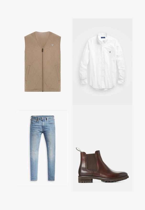 Vesta bej fără mâneci, căptușită, cu decolteu în V, închidere cu fermoar, două buzunare laterale și cusături în model romb. Prezintă un logo în partea stângă sus.; Cămașă albă cu mânecă lungă și nasturi din bumbac. Are un guler clasic, manșete cu nasturi și un mic logo brodat în navy pe piept.; Cămășă oversized neagră cu text de culoare gri închis "ALLSAINTS" pe piept și "LONDON" în litere mai mici dedesubt.; Jeans slim-fit de culoare albastru deschis, cu un ușor efect de decolorare pe coapse, închidere frontală cu nasture, bucle pentru Curea și stil de cinci buzunare, pe un fundal alb.; Botine Chelsea din piele maro, cu panouri laterale elastice, tab de tragere și talpă din cauciuc texturat. Finisaj neted, cu toc joasă robust.