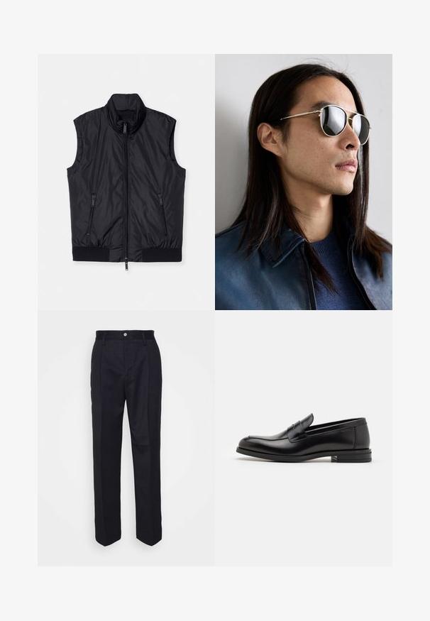 Chaleco sin mangas negro, diseño acolchado, alto collar, cierre frontal de cremallera, dos bolsillos laterales con cremallera, dobladillo elástico en la parte inferior, textura suave.; Suéter blanco de punto acanalado con escote redondo y mangas largas. Presenta un pequeño bordado de logo en el pecho. Textura suave, diseño ajustado.; Pantalones negros ajustados con un diseño de pierna recta, confeccionados en una tela suave, que cuentan con un cierre frontal de botón y dos bolsillos laterales.; Mocasines de cuero negro con una textura suave, puntera redondeada y una tira decorativa en el empeine. Tacón bajo apilado, diseño minimalista.; Gafas de sol metálicas con lentes reflectantes, con forma de aviador, marco plateado y detalles en la patilla. Llevadas con un suéter azul y una chaqueta.