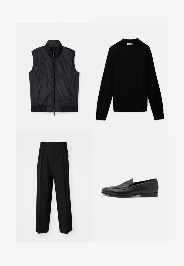 Black sleeveless vest, padded design, high collar, front zip closure, two zippered side pockets, elastic hem at the bottom, smooth texture.; Black sweater with a ribbed crew neckline, long sleeves, and a textured knit pattern. No visible logos or embellishments.; Black pleated trousers with a straight, wide-leg design. Made from smooth fabric, featuring a button closure and belt loops.; Black leather men's loafer with a low heel and a classic penny strap design, shown in side profile on a white background.