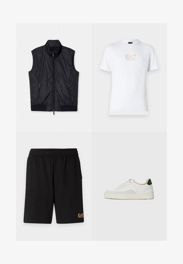 Schwarze ärmellose Weste, gepolstertes Design, hoher Kragen, Frontreißverschluss, zwei seitliche Reißverschlusstaschen, elastischer Saum am Boden, glatte Textur.; Weißes Baumwoll-T-Shirt mit Rundhalsausschnitt und kurzen Ärmeln, mit einem goldenen EA7 Emporio Armani-Logo auf der Vorderseite.; Schwarze Sportshorts aus weichem Material, mit einem elastischen Bund und einem kleinen gelben EA7-Logo am unteren linken Bein.; Weiße Sneaker mit Wildlederelementen, runder Zehenpartie, flachen Schnürsenkeln und einer cremefarbenen Gummisohle. Mit grünen Markenlogo am Fersenbereich.