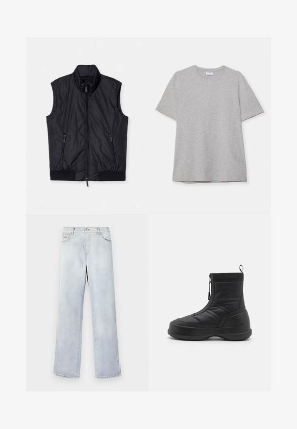 Schwarze ärmellose Weste, gepolstertes Design, hoher Kragen, Frontreißverschluss, zwei seitliche Reißverschlusstaschen, elastischer Saum am Boden, glatte Textur.; Graues T-Shirt mit kurzen Ärmeln aus weichem, strukturiertem Stoff. Verfügt über einen klassischen Rundhalsausschnitt und einen geraden Saum, geeignet für legere Trageanlässe.; Hellblaue Jeans aus Denim mit geradem Bein, ausgestattet mit einem Knopfverschluss, fünf Taschen und Kontrastnähten.; Schwarzer wasserdichter Schneestiefel mit einem glatten synthetischen Obermaterial, Reißverschluss, gepolstertem Kragen und strukturiertem Gummisohle. Mit "MOON BOOT" Branding akzentuiert.