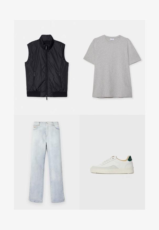 Gilet senza maniche nero, design imbottito, colletto alto, chiusura frontale con zip, due tasche laterali con zip, orlo elastico in fondo, texture liscia.; T-shirt grigio a maniche corte realizzato in morbido tessuto testurizzato. Presenta un classico colletto a girocollo e un orlo dritto, adatto per un abbigliamento casual.; Jeans in denim azzurro chiaro con design a gamba dritta, dotati di chiusura a bottone, cinque tasche e cuciture a contrasto.; Sneaker bianco con accenti in camoscio, punta rotonda, lacci piatti e suola in gomma crema. Presenta un marchio verde sul tallone.