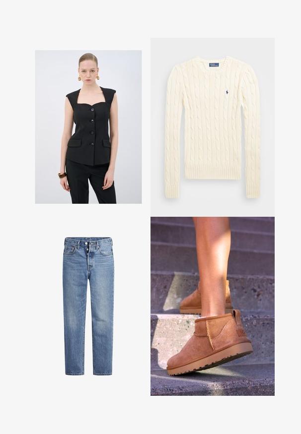 Czarny dopasowany top bez rękawów z kwadratowym dekoltem, pięcioma guzikami i dwiema przednimi kieszeniami. Gładka tekstura z wyraźną konstrukcją.; Kremowy sweter w splot kabelkowy z długimi rękawami, ściągaczami przy mankietach i u dołu, z małym haftowanym logo na lewej piersi.; Jasnoniebieskie jeansy denimowe o prostym kroju, z pięcioma kieszeniami i zapięciem na guziki. Charakteryzują się delikatnym wyblaknięciem oraz pomarańczowymi przeszyciami.; Brązowe zamszowe botki za kostkę o miękkiej teksturze, z przeszyciami i gumową podeszwą, wyposażone w pętelkę na pięcie dla łatwego zakładania.
