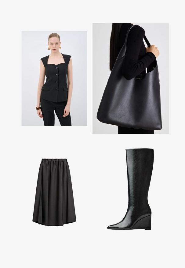 Schwarzes, enganliegendes ärmelloses Oberteil mit eckigem Ausschnitt, fünf Knöpfen und zwei Fronttaschen. Glatte Textur mit strukturiertem Design.; Schwarzes kurzärmliges Oberteil mit rundem Ausschnitt, das über Faltendetails und ein eng anliegendes Oberteil verfügt, das sich am Saum ausweitet. Hergestellt aus weichem Stoff.; Schwarze Midirock aus leichtem, fließendem Stoff mit elastischem Bund und leicht ausgestellter A-Linie. Keine sichtbaren Muster oder Akzente.; Knöchelhohe schwarze Lederstiefel mit schlanker, spitzer Zehenform und Wedge-Absatz. Die Oberfläche ist glatt mit einem glänzenden Finish.; Schwarze Leder-Taschen mit glatter Textur, übergroßer Form und einem einzigen Schulterriemen. Besitzt einen goldenen Logo-Akzent.