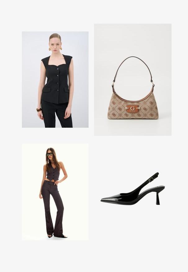 Schwarzes, enganliegendes ärmelloses Oberteil mit eckigem Ausschnitt, fünf Knöpfen und zwei Fronttaschen. Glatte Textur mit strukturiertem Design.; Weißes Langarmtop mit einem Boot-Ausschnitt. Hergestellt aus weichem Material, zeichnet sich durch ausgestellte Ärmel und einen geraden Saum aus und bietet ein einfaches und vielseitiges Design.; Braun gestreifter, taillierter Weste und ausgestellter Hose, mit Knöpfen und strukturiertem Stoff. Schwarze Sandalen mit offenen Zehen und übergroße Sonnenbrille.; Schwarze Lackleder Slingback-Pumps mit spitzem Zeh, ausgeschnittenen Seiten, verstellbarem Knöchelriemen und einem dünnen, eleganten Absatz.; Beige Stofftasche mit braunen gemusterten Akzenten. Sie hat eine geschwungene Form, einen einzelnen Tragegurt und ein Logo-Schild an der Vorderseite mit silberner Hardware.