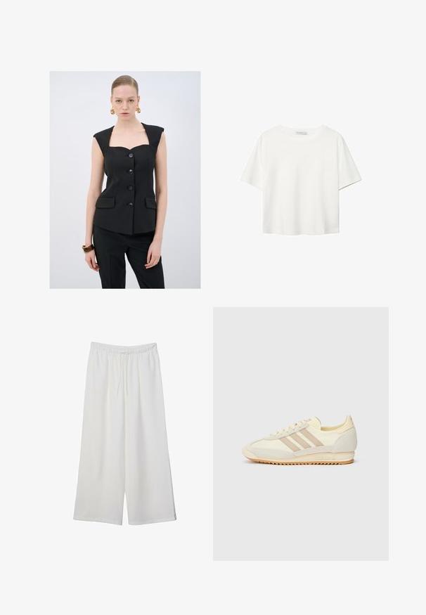 Schwarzes, enganliegendes ärmelloses Oberteil mit eckigem Ausschnitt, fünf Knöpfen und zwei Fronttaschen. Glatte Textur mit strukturiertem Design.; Weißes T-Shirt mit kurzen Ärmeln aus Baumwolle. Hat einen Rundhalsausschnitt und eine lockere Passform. Glatte Textur ohne sichtbare Muster oder Akzente.; Weiße, weit geschnittene Hosen aus leichtem Stoff, mit einem elastischen Bund und einem Zugband für eine verstellbare Passform. Glatte Textur.; Cremefarbene sportliche Sneakers mit drei beigen Streifen, aus Wildleder und Textilmaterialien, einer strukturierten Sohle und geprägtem Branding an der Ferse.