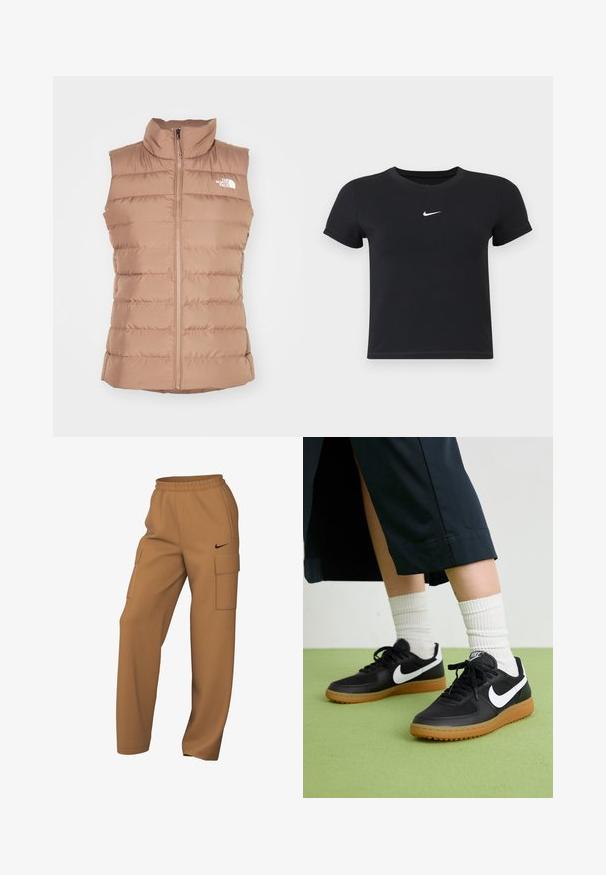 Steppweste in Hellbraun, mit hohem Kragen, Frontreißverschluss und gestepptem Design mit horizontalen Nähten. Logo auf der linken Brust.; Schwarzes T-Shirt mit kurzen Ärmeln aus Baumwolle und rundem Ausschnitt. Es hat ein weißes Nike-Logo auf der Brust, ein minimalistisches Design und eine taillierte Form.; Braune Cargo-Hosen aus Stoff mit zwei Seitentaschen und einem elastischen Bund mit schwarzem Logo-Akzent. Gerades Bein Design.; Schwarze Leder- und synthetische Sneakers mit weißem Nike-Swoosh, Gummisohle, runder Spitze und schwarzen Schnürsenkeln. Gestreifte weiße Socken sind sichtbar.