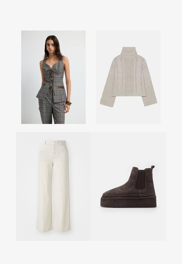 Žena v šedé kostkované bezrukávové vestě s šněrováním na přední straně a odpovídajících kalhotách, doplněná náramky na pravém zápěstí.; Zkrácený svetřík v světle šedé barvě z pleteniny s vysokým límcem a žebrovanými manžetami, se strukturovanými kabelovými vzory na zádech a bocích.; Kalhoty s širokými nohavicemi v jasně béžové barvě, vyrobené z hladkého materiálu. Mají klasický pas a plochý přední díl s čistými liniemi.; Hnědé semišové Chelsea boty s elastickými bočními panely a silnou, texturovanou platformovou podrážkou. Obsahují poutko na patě pro snadné obouvání.