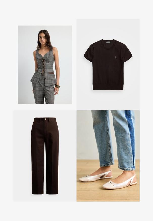 Nainen, jolla on harmaa ruudullinen ilmanhiha vest, jossa on nauhakiinnitys edessä ja vastaavat housut, ja hänen oikeassa ranteessaan on koruja.; Musta lyhythihainen t-paita, joka on valmistettu pehmeästä kankaasta, pyöreällä kaula-aukolla ja vasemmassa rinnassa pienellä brodeeratulla logolla.; Tummaanruskeat suorat housut, joissa on napit ja vetoketju, vyölenkit ja etutaskut valkoista taustaa vasten.; Vaaleanpunaiset slingback-ballerinat, joissa on terävä kärki, valmistettu sileästä nahkamaisesta materiaalista. Sivujen leikkuuyksityiskohdat ja tasapohja.