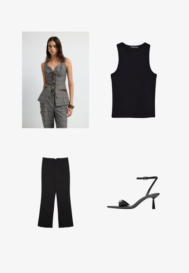 Frau trägt eine graue karierte ärmellose Weste mit Schnürung und passende Hose, accessoriert mit Armbändern an ihrem rechten Handgelenk.; Schwarzes Tanktop aus Baumwolle mit rundem Halsausschnitt und weiten Armöffnungen. Glatte Textur mit genähten Säumen. Klassisches, minimalistisches Design.; Schwarze Hose mit geradem Schnitt, ausgestattet mit Fronttaschen und Seitenschlitzen am Saum. Hergestellt aus weichem, glattem Stoff. Geeignet für verschiedene Anlässe.; Bershka High Heel Sandalette - black