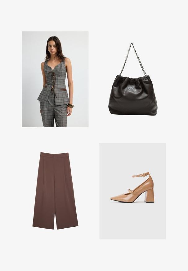 Nainen, jolla on harmaa ruudullinen ilmanhiha vest, jossa on nauhakiinnitys edessä ja vastaavat housut, ja hänen oikeassa ranteessaan on koruja.; Ruskea puuvillapaita, jossa on lyhyet hihat ja syvä V-kaula-aukko. Yksinkertainen muotoilu, pehmeä rakenne ja suora helma. Ei kuvioita tai yksityiskohtia.; Ruskeat leveälahkeiset housut, joissa on sileä pinta, korkea vyötärö ja etupleat. Kangas on kevyttä ja laskeutuu väljänä.; Beige kiilto nahka korkokengät, joissa on terävä kärki, nilkkahihna ja paksu neliön muotoinen korko. Suuri tekstuuri kiiltävällä pinnalla.; Ruskea nahkainen laukku, jossa on kerätty yläosa ja ketjuhihna. Tasainen pinta, jossa kiiltävä viimeistely ja hienovaraiset sauman yksityiskohdat sivuilla.
