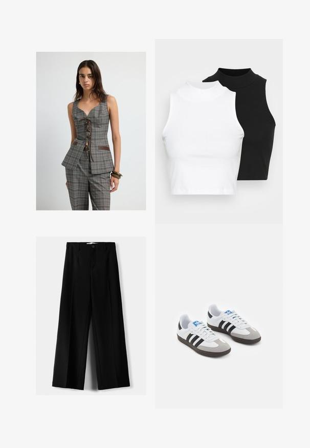 Kobieta w szarym, w kratę bezrękawniku z sznurowanym przodem i pasujących spodniach, ozdobiona bransoletkami na prawej ręce.; Dwa bezrękawnikowe golfy w kolorze czarnym i białym, charakteryzujące się dopasowanym fasonem i gładką teksturą, o skróconej długości.; Czarne spodnie szerokie, wykonane z lekkiego materiału, z zapięciem na guzik z przodu i gładkim przodem, z starannie wykończonymi brzegami.; Buty sportowe z białą skórzaną cholewką, szarym zamszowym noskiem i trzema czarnymi paskami. Posiadają niebieskie logo na języku oraz teksturowaną gumową podeszwę.