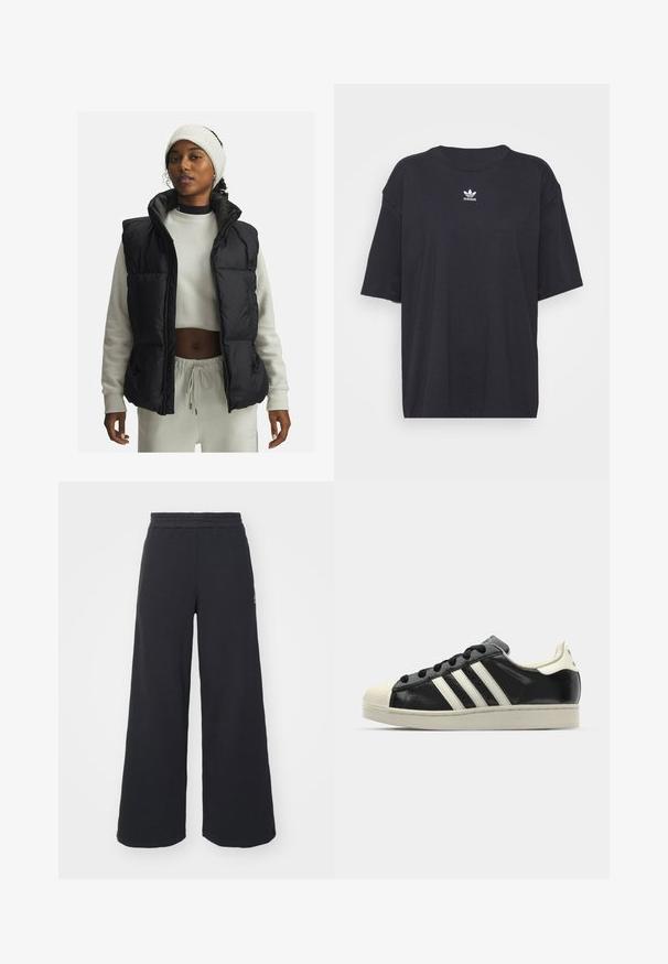 Svart pufferväst med hög krage och dragkedjefickor, bärs över en ljusgrå strukturerad tröja, matchad med ett vitt stickat pannband.; Svart bomullströja med korta ärmar, rund halsringning, har en vit Adidas-logotyp på bröstet. Enkel design, avslappnad passform.; Svarta vida sweatpants tillverkade av mjukt tyg, med ett elastiskt midjeband och en liten logotyp på vänster sida.; Svart lädersneaker med vita ränder, gummitåhätta, svarta snören och en krämfärgad sula. Slät textur med blank yta.