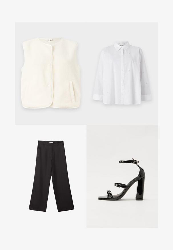 Fleeceová vesta v krémovej farbe, bez rukávov, s prednými gombíkmi a bočnými vreckami. Mäkkučká textúra s hladkou vnútornou podšívkou.; Biela košeľa na gombíky vyrobená z ľahkej látky, s malými výrezmi v tvare srdca, dlhými rukávmi a klasickým golierom.; Čierne široké nohavice vyrobené z hladkej tkaniny, so zipsom vpredu a dvoma bočnými vreckami, s prispôsobeným strihom a minimalistickým dizajnom.; Čierne lakované sandále na podpätku so štvorcovou špičkou, navlečenými remienkami okolo členku a striebornými prackami. Disponujú masívnym blokovým podpätkom pre stabilitu.