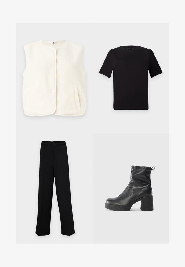 Fleece vest in cream color, sleeveless design, featuring front buttons and side pockets. Soft texture with a smooth inner lining.; Black short-sleeve t-shirt with a round neckline, crafted from soft cotton fabric. Simple design, no visible logos or patterns.; Black wide-leg trousers made of smooth fabric, featuring a classic waistband with a button closure and front pleats.; Black ankle boots made of smooth leather, featuring a side zipper, chunky textured heel, and rounded toe design.