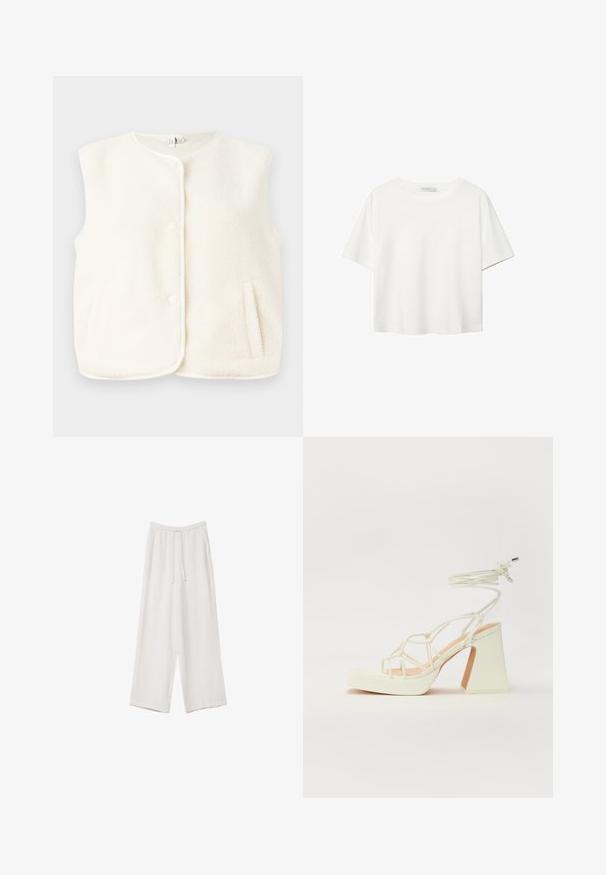 Jopica iz flisa v kremni barvi, brez rokavov, z sprednjimi gumbi in stranskimi žepi. Mehka tekstura z gladko notranjo podlogo.; Bela kratka majica s kratkimi rokavi iz bombaža. Ima okroglo izrezovanje in sproščen kroj. Gladka tekstura brez vidnih vzorcev ali poudarkov.; Bele široke hlače iz lahkega materiala. Imajo elastičen pas s vrvico in stranske žepe. Gladka tekstura.; Bela sandala na visokih petah s debelim petam, ki ima obliko trakcev in vezanje okoli gležnja. Gladka tekstura z platformo spredaj za dodatno višino.