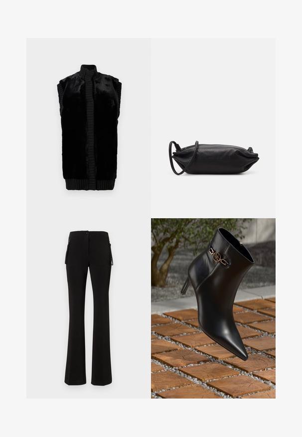 Colete preto sem mangas feito de pelúcia sintética suave, com um colarinho e barra canelados, apresentando uma silhueta reta e sem fechos visíveis.; Camisola preta de manga longa em um tecido leve e texturizado, com detalhes franzidos ao longo das mangas e costuras laterais. Decote redondo.; Calças pretas largas feitas de um material liso e elástico. Apresentam um fecho com botão na frente e bolsos laterais com zíper para maior utilidade.; Bota de tornozelo em couro preto com bico fino e salto pequeno. Apresenta um detalhe em corrente dourada no tornozelo. Cercada por uma superfície de pedra texturizada.; Carteira de mão em couro preto com formato retangular, textura suave, alça de ombro fina e design minimalista.