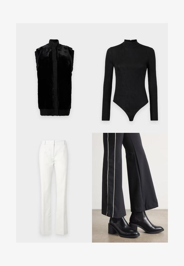 Μαύρο αμάνικο γιλέκο φτιαγμένο από μαλακό ψεύτικο γούνα με ριμπ μανσέτα και στρίφωμα, που διαθέτει ευθεία σιλουέτα και χωρίς ορατές κλείσεις.; Μαύρο bodysuit μακρύ μανίκι με ψηλό λαιμό και διακριτή υφή. Περιλαμβάνει φερμουάρ στην πλάτη και σχέδιο με thong στην κάτω πλευρά.; Άσπρο κομμένο παντελόνι με φαρδύ τελείωμα, με εμπρός πιέτες και λεία υφή, φτιαγμένο από ελαφρύ ύφασμα.; Μαύρες δερμάτινες μπότες μέχρι τον ασρό με τετράγωνη φτέρνα, που διαθέτουν ελαστικές πλάγιες ρίγες. Συνδυασμένες με μαύρο παντελόνι που έχει λευκή πλαϊνή ρίγα.