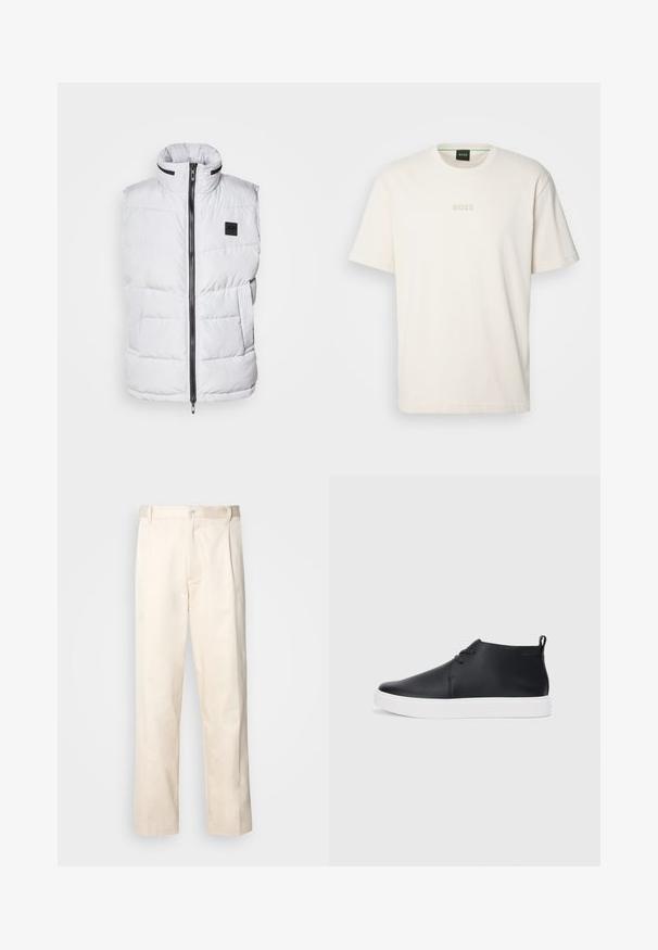 Valge puffernahk, millel on kõrge krae, tõmblukk ees ja küljetaskud. Omab quilteeritud tekstuuri ja brändi silti rinna peal.; BOSS TEE - Lihtne T-särk - open white; Beesidised puuvillased püksid sirge jala lõikega, mis on varustatud nööpkinnituse ja ees olevate voltidega, et lisada detaili.; Mustmust mustatooted, millel on sile nahk, valge kummist tald ja lihtne nööridega kinnitamine. Tagaküljel on tõmbeosadega.