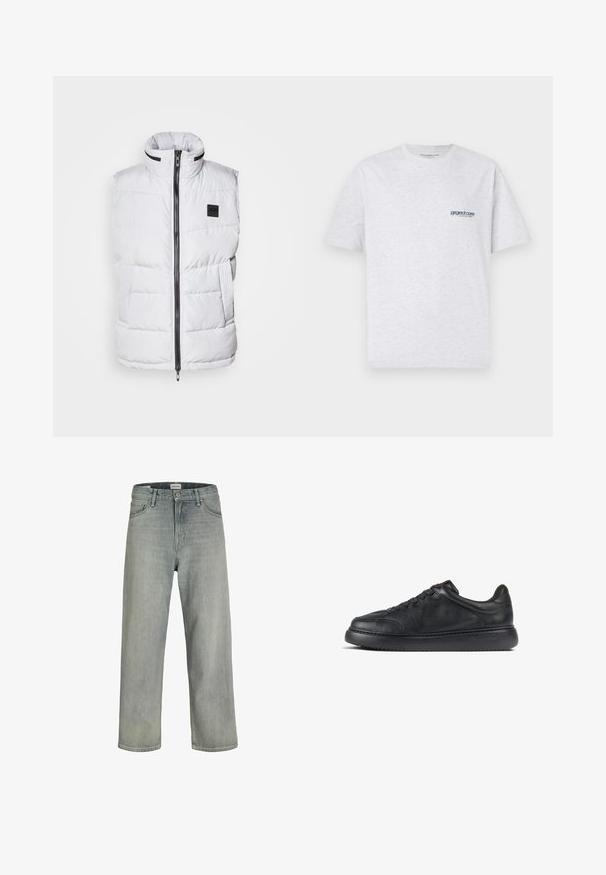 Hvit puffervest med høy krage, glidelås foran og sidelommer. Har quiltert tekstur og merkeetikett på brystet.; Grå kortermet T-skjorte med en liten blå "project core" logo på venstre side av brystet, vist på en enkel bakgrunn.; Lys grå, løstsittende jeans laget av denim. Har en klassisk fem-lomme-design, beltehemper og en rett ben-silhuett.; Sorte lær sneakers med struktureret overflade, rund tå og snøring med seks huller. Har en tyk, sort gummisål og minimal branding.
