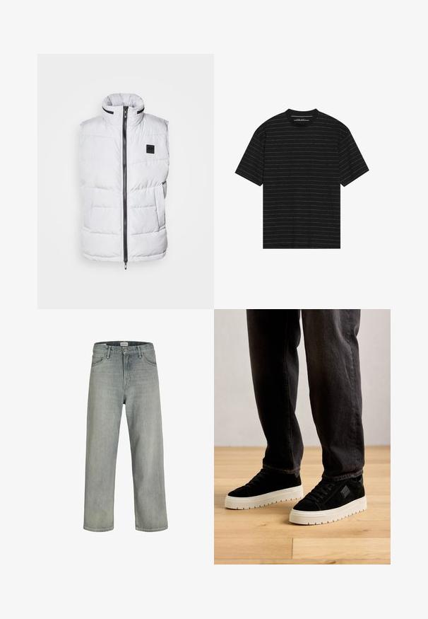 Balts pufveste ar augstu apkakli, ar rāvējslēdzēju priekšā un sānu kabatām. Iespējas ar izšūtu tekstūru un ar apzīmējumu uz krūšu daļas.; Melnā īso piedurkņu T-kreklā ir plānas baltas horizontālas svītras. Izgatavots no mīkstas auduma, ar apaļu kakla izgriezumu un brīvu piegriezumu.; Gai pelēki, brīvi pieguļoši džinsi no denima. Iekļauj klasisku piecu kabatu dizainu, jostas cilpas un taisnu kāju siluetu.; Cilvēks, kurš valkā melnus zamšādas sporta apavus ar baltām biezām zolēm un tumšiem džinsiem, stāv uz gaiša koka grīdas.