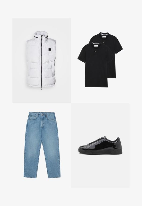 Gilet rembourré blanc avec un col montant, un zip sur le devant et des poches latérales. Présente une texture matelassée et une étiquette de marque sur la poitrine.; Deux polos noirs, à manches courtes, en coton, avec un col classique, une patte de boutonnage à deux boutons, et des accents rayés blancs à l'intérieur du col.; Jean large en denim bleu clair avec taille haute, dotés de cinq poches, passants de ceinture et d'une texture douce légèrement délavée.; Baskets en cuir verni noir avec un bout rond, semelle en caoutchouc plate et lacets noirs. Texture lisse et brillante sur la surface supérieure.