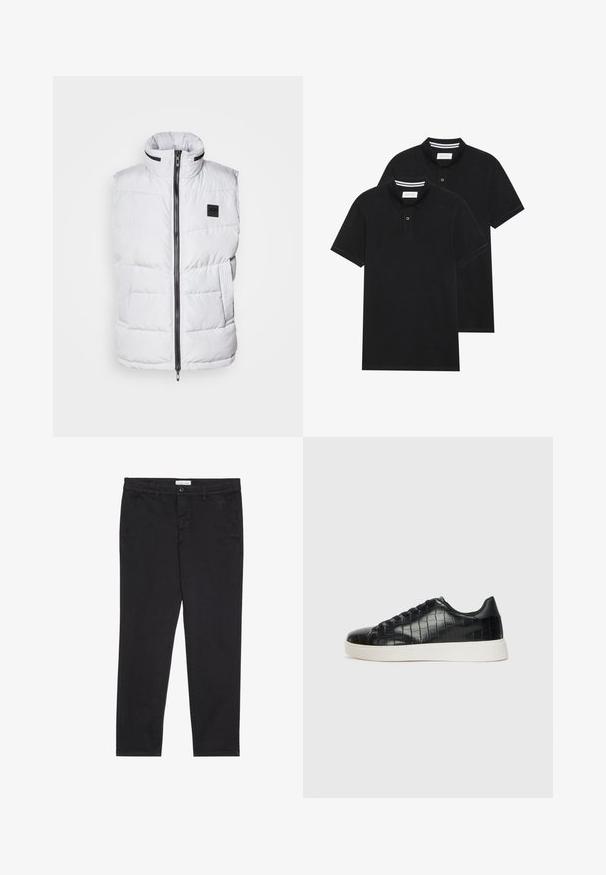 Vit pufferväst med hög krage, dragkedja framtill och sidofickor. Har kviltad textur och en märkeslapp på bröstet.; Två svarta polo t-shirts, kortärmade, i bomullsmaterial, med en klassisk krage, tvåknappsslutning och vita randiga accenter inuti kragen.; Svarta bomullsbyxor med smal passform, som har två sidfickor och knäppning fram. Texturerad tyg med subtila detaljer.; Svarta sneakers med en texturerad läderöverdels i krokodilprägling, rund tå och en kontrasterande vit gummisula med en slät yta.