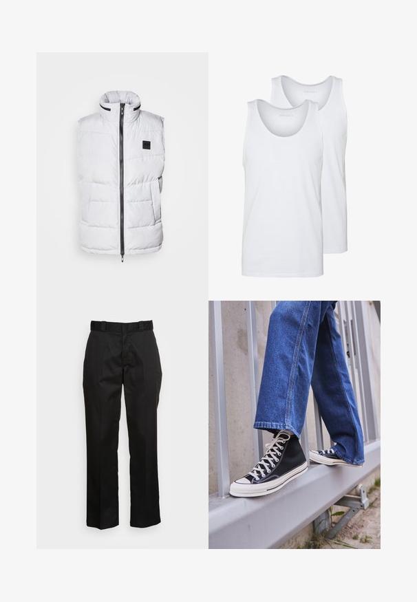 Weißer Steppweste mit hohem Kragen, Reißverschluss vorne und seitlichen Taschen. Verfügt über eine gesteppten Textur und ein Markenlabel auf der Brust.; Weiße Baumwoll-Tanktops mit runden Ausschnitten und glatter Textur. Zwei Stücke ausgestellt, beschriftet mit "PIER ONE."; Schwarze Hose aus einem glatten Stoff, mit einem geraden Bein Design, Gürtelschlaufen und zwei Seiten Taschen. Klassischer Look ohne Verzierungen.; Schwarze High-Top-Sneaker mit weißer Sohle und Schnürsenkeln, kombiniert mit lockeren blauen Jeans, die auf einem grauen Geländer ruhen.