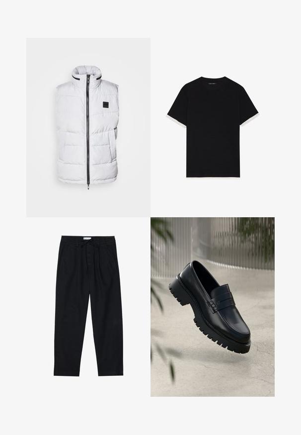 Weißer Steppweste mit hohem Kragen, Reißverschluss vorne und seitlichen Taschen. Verfügt über eine gesteppten Textur und ein Markenlabel auf der Brust.; Schwarzes T-Shirt mit kurzen Ärmeln aus strukturiertem Stoff, mit weißen Akzenten an den Bündchen. Gerundetem Halsausschnitt, lockere Passform.; Pier One Chino - black; Schwarze Lederloafer mit einer robusten profilierten Sohle, ausgestattet mit einem dekorativen Riemen und einer Stichdetail. Glatte Textur mit einem polierten Finish.