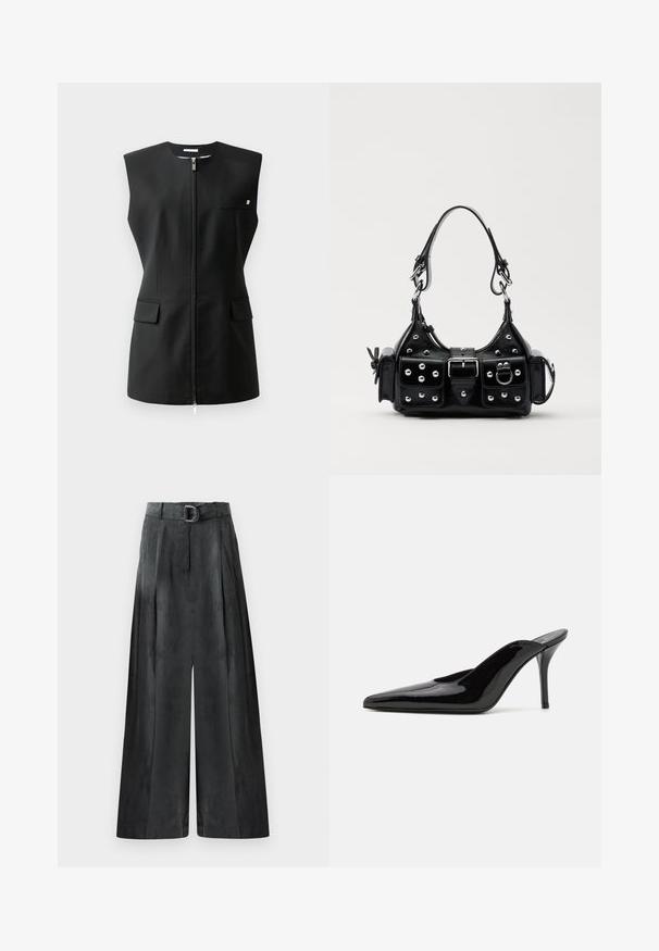 Zwarte mouwloze jas met een rits aan de voorkant, twee voorkeuzen en een klein accentdetail. Gemaakt van een gladde stof.; Zwarte blouse met een opstaande kraag, lange doorschijnende mouwen, strikdetail bij de hals, gemaakt van gladde satijnen stof, sluiting met knopen aan de voorkant.; Wijde broek in donkergrijs, met een gladde textuur, plooien en een riem met een zilveren gesp op de hoge taille.; Zwarte gepatineerde leren hoge hak muiltjes met een spitse neus en een slanke silhouet, met een open achterkant en een slanke stilettohak.; Zwarte lederen handtas met een gebogen ontwerp, voorzien van zilveren studs, een gesp en twee zijvakken. Verstelbare schouderband voor verschillende draagmogelijkheden.