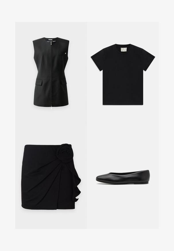 Giacca nera senza maniche con chiusura frontale a zip, due tasche frontali e un piccolo dettaglio decorativo. Realizzata in tessuto liscio.; Maglietta nera a maniche corte con collo rotondo e un'etichetta bianca all'interno del colletto con la scritta "D.R.C. EST. 2002" su sfondo bianco.; Gonna mini nera realizzata in tessuto morbido con un design plissettato. Presenta un accento in tessuto a forma di rosa sul lato e un orlo arriccicato.; Paul Smith TOPANGA - Ballerine - black