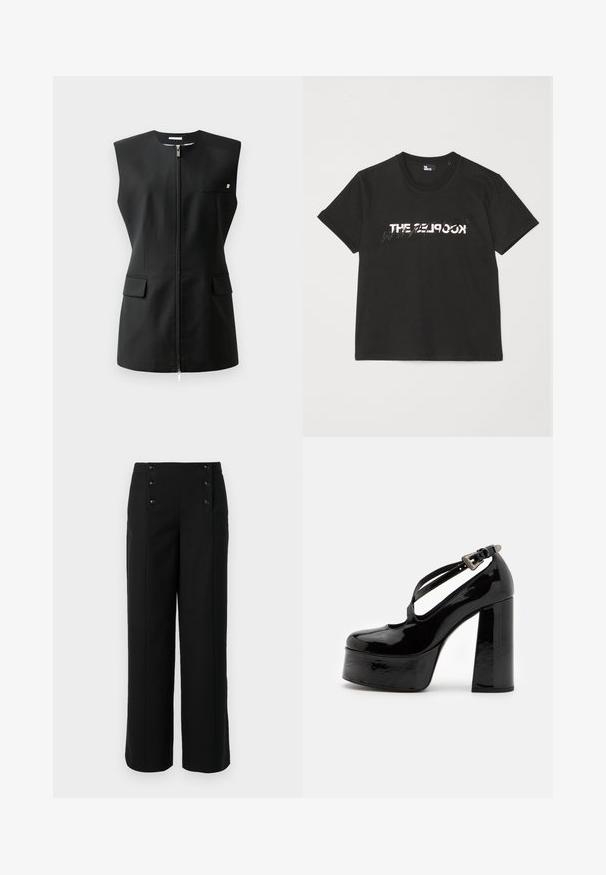 Schwarze ärmellose Jacke mit einem Frontreißverschluss, zwei vorderen Taschen und einem kleinen Akzentdetail. Hergestellt aus glattem Stoff.; Schwarzes Baumwoll-T-Shirt mit kurzen Ärmeln, das ein gedrucktes weißes und graues "THE 2LOOK"-Design auf der Vorderseite zeigt. Klassischer Rundhalsausschnitt.; Schwarze weit geschnittene Hosen aus glattem Stoff mit hoher Taille und fünf vorderen Knöpfen zum Schließen. Elegantes, maßgeschneidertes Design.; The Kooples CHAUSSURES - High Heel Pumps - black
