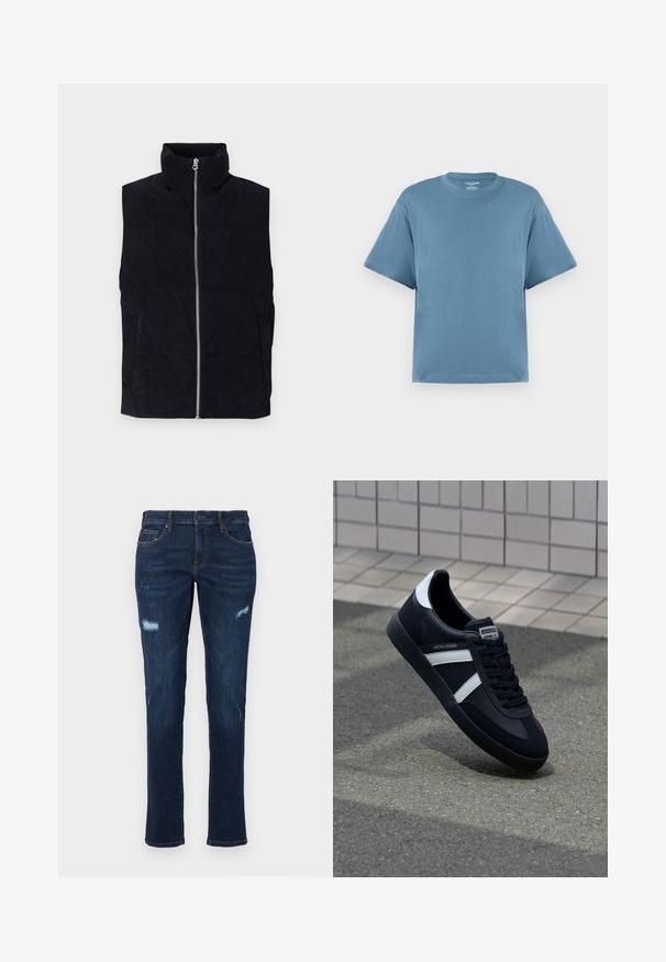 Marineblauwe corduroy puffer vest met hoge kraag, rits aan de voorkant en twee voorzakken. Heeft een gestructureerd ribbelpatroon.; Blauw T-shirt met korte mouwen, gemaakt van katoen, met een ronde hals en een ontspannen pasvorm. Gladde textuur, minimalistisch ontwerp, geen patronen of accenten.; Donkerblauwe spijkerbroek met een rechte snit, voorzien van versleten scheuren bij de knieën, traditionele zakken en zichtbare contrasterende stiksels.; Zwarte leren sneaker met witte strepen, een gestructureerde rubberen zool en vetersluiting aan de voorkant. Voorzien van een merklabel op de tong.