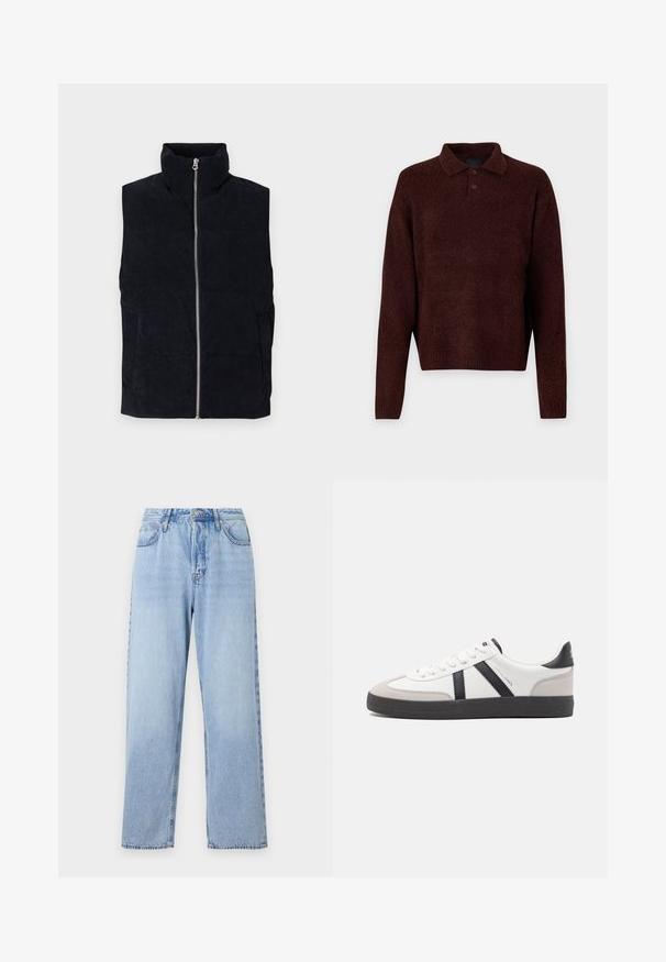 Navy Corduroy-Puffer-Weste mit hohem Kragen, Frontreißverschluss und zwei Fronttaschen. Verfügt über ein strukturiertes, geripptes Muster.; Brauner Strickpullover mit Polo-Kragen, drei Knöpfen am Hals und langen Ärmeln. Weiche Textur, gerippte Bündchen und Saum.; Helle blaue Jeans im geraden Schnitt, hohe Taille, fünf Taschen und Knopfverschluss. Mit ausgewaschenem Look und Kontraststeppnaht.; Weiße Sneaker mit schwarz- und grau-aczenten, ausgestattet mit einer strukturierten grauen Zehenkappe, schwarzer Gummi-Sohle und flachen weißen Schnürsenkeln. Sauberes Design, minimalistische Stil.