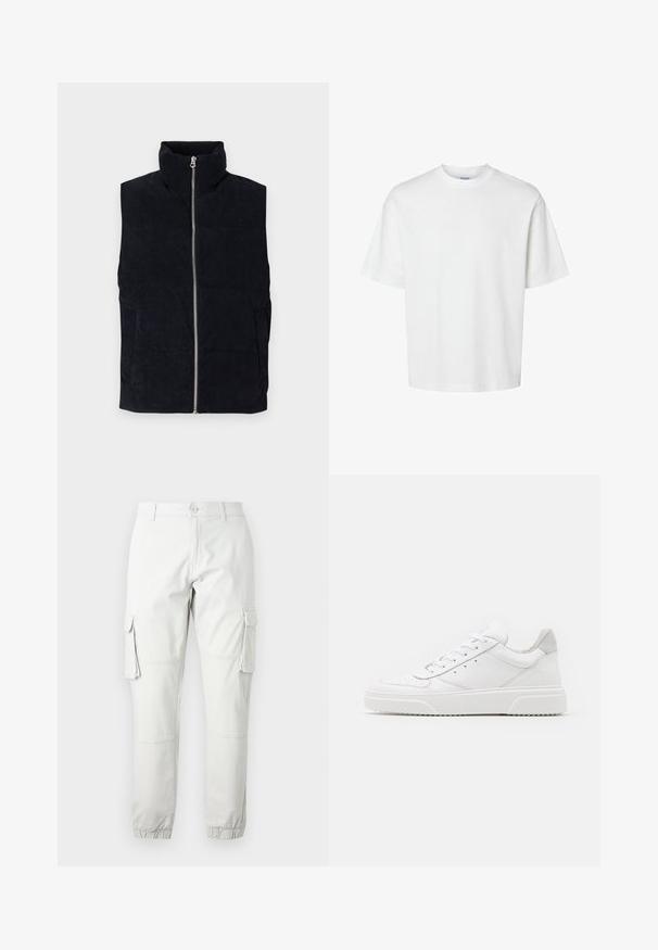 Marineblå kordfløyels puffer vest med høy krage, glidelås foran og to frontlommer. Har et teksturert ribbestrikket mønster.; Hvit bomull t-skjorte med korte ermer, rund hals og avslappet passform. Glatt tekstur uten synlige mønstre eller detaljer.; Lys grå cargo bukser med sidelommer, elastiske ankelmanchetter og knaplukning. Laget av holdbart stoff med en glatt tekstur.; Hvite skinnsko med en glat overflate, rund tå, flate lisser og teksturert såle. Grå semsket innfelt ved hælen.