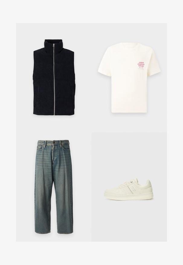 Navy corduroy puffer vest with high collar, front zipper, and two front pockets. Features a textured ribbed pattern.; White short-sleeve T-shirt with red text "Studio Originals Edition" on left chest, displayed on a neutral gray background.; Light blue denim jeans with a loose fit, mid-rise waist, and straight legs. Features five pockets, belt loops, and a button closure.; Cream-colored sneaker with perforated detailing, laces, and logo on the side, displayed against a plain white background.